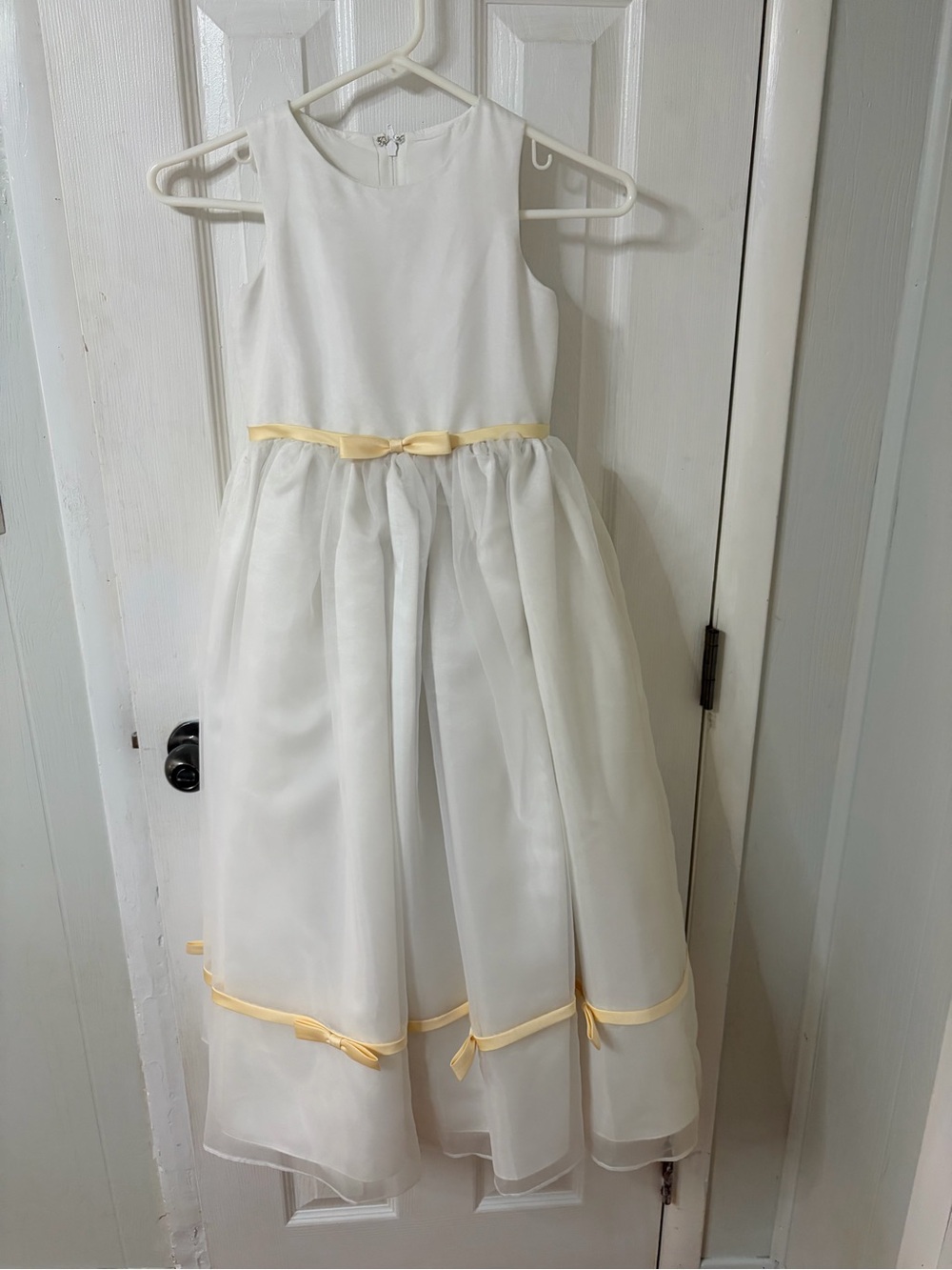 Girls' White Formal Dress with Yellow Ribbon Accents